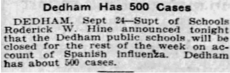 Excerpt announcing the closing of Dedham public schools due to Spanish Influenza.