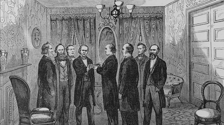 Andrew Johnson being sworn in after Lincoln's assassination, April 15, 1865.