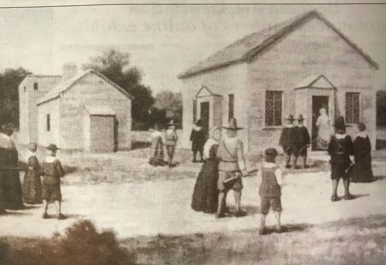 Pilgrims walking to first Dedham meeting house and school house