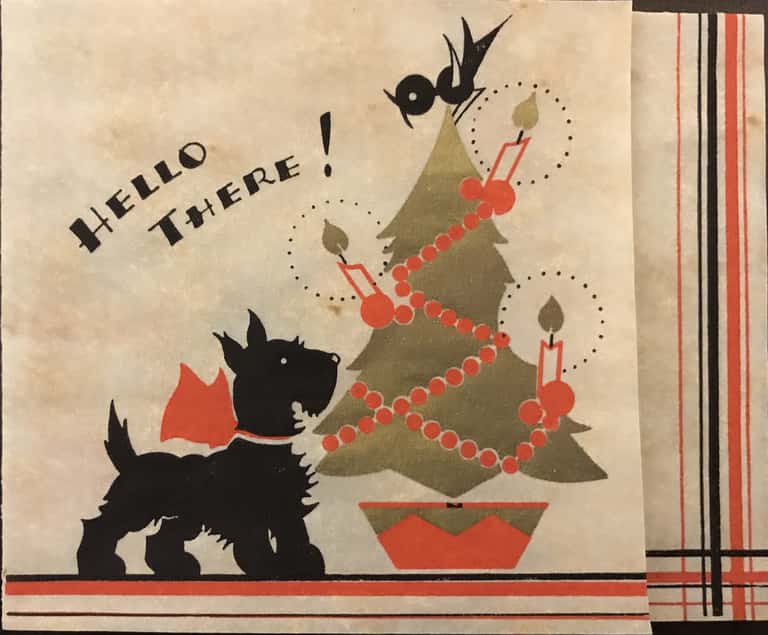 Graphic of dog near Christmas tree